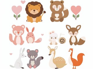 Wild forest, zoo, or farm animal cartoon character hugging and kissing set