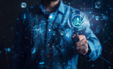 Fototapeta premium A person uses a magnifying glass and a selection icon to select the best employee or customer from a group of people, a human resources concept. There was a checkmark on the dark background,