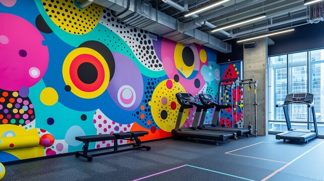 Vibrant pointillism geometric wall art in gym shows energy and movement, reflecting fitness and healthy lifestyle - Powered by Adobe