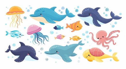 A set of isolated flat cartoon icons of ocean animals. Seaweed, algae, seashells, jellyfish and whales, sharks and turtles, squids and clown fish.