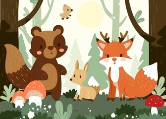 Illustration of woodland forest animals including bears, deers, foxes, raccoons, hedgehogs, squirrels, and rabbits.