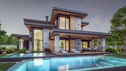 3d rendering of modern two story house with gray and wood accents, large windows, parking space in the right side of the building. Clear summer evening with cozy light from window