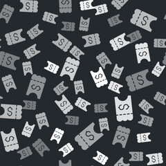 Grey Lottery ticket icon isolated seamless pattern on black background. Bingo, lotto, cash prizes. Financial success, prosperity, victory, winnings luck. Vector