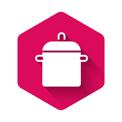 White Cooking pot icon isolated with long shadow background. Boil or stew food symbol. Pink hexagon button. Vector