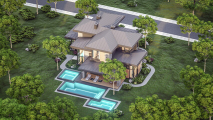 3d rendering of modern two story house with gray and wood accents, large windows, parking space in the right side of the building. Clear summer evening with cozy light from window