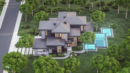 3d rendering of modern two story house with gray and wood accents, large windows, parking space in the right side of the building. Clear summer evening with cozy light from window