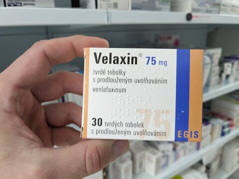 Prague,Czech republic-June 17 2024:
Velaxin box of medication with Venlafaxine active substance by Pfizer,used for treatment of depression,anxiety