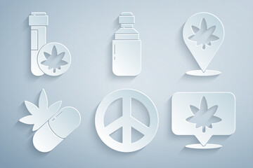 Set Peace, Location and marijuana, Medical pills with, cannabis, Marijuana or olive oil and Chemical test tube icon. Vector