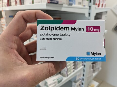 Prague,Czech republic-June 17 2024: Zolpidem Mylan box of medication with Zolpidem tartrate active substance by Mylan, used for treatment of insomnia