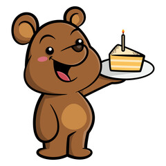Cute Bear Cub Cartoon characters carrying a slice of birthday cake with candle. Best for sticker, logo, and mascot for bakery