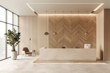 Minimalist Interior Design of a Modern Medical Clinic with Light Wood Paneling, White Reception Desk, and Arched Windows. Featuring Minimal Beige Walls, Herringbone Parquet Flooring.