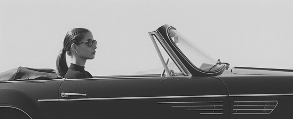 Vintage poster of young woman driving classic retro car. Retro 60s collage. Summer vacation and road travel concept. Retro aesthetics, vintage style,