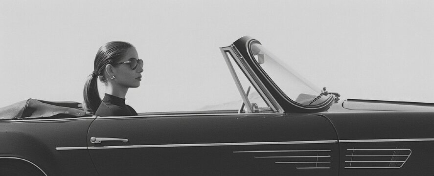 Vintage poster of young woman driving classic retro car. Retro 60s collage. Summer vacation and road travel concept. Retro aesthetics, vintage style,