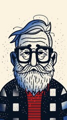 An abstract illustration of a man with a blue beard and glasses