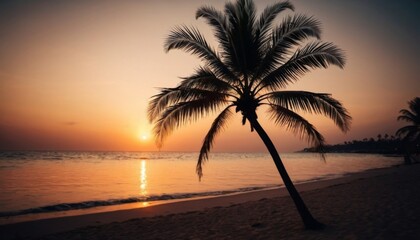 beach with palm tree at sunset background. Generative ai