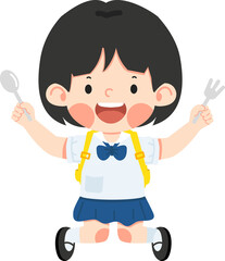 A hungry child holding a fork and spoon