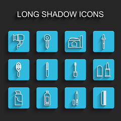 Set line Cream cosmetic tube, Bottle of shampoo, Hair dryer, Eyeliner, eyebrow, Hairbrush, Nail file, Lipstick and Mascara icon. Vector