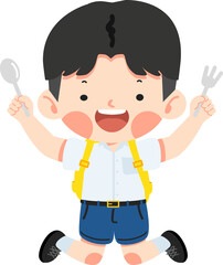 A hungry child holding a fork and spoon