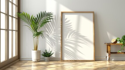 Bright and airy room with a blank picture frame leaning against the wall, perfect for digital mockups