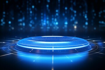 Obraz premium A blue circular stage with lights on a dark background