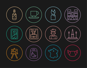 Set line Croissant, Place De La Concorde, Woman dress, Handbag, Portrait in museum, Bottles of wine, French and Coffee cup icon. Vector