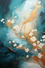 Painting of a tree with white flowers and gold leaves