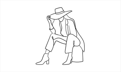 Girl in a stylish suit with a hat continuous line art drawing isolated on white background. Fashion woman. Vector illustration