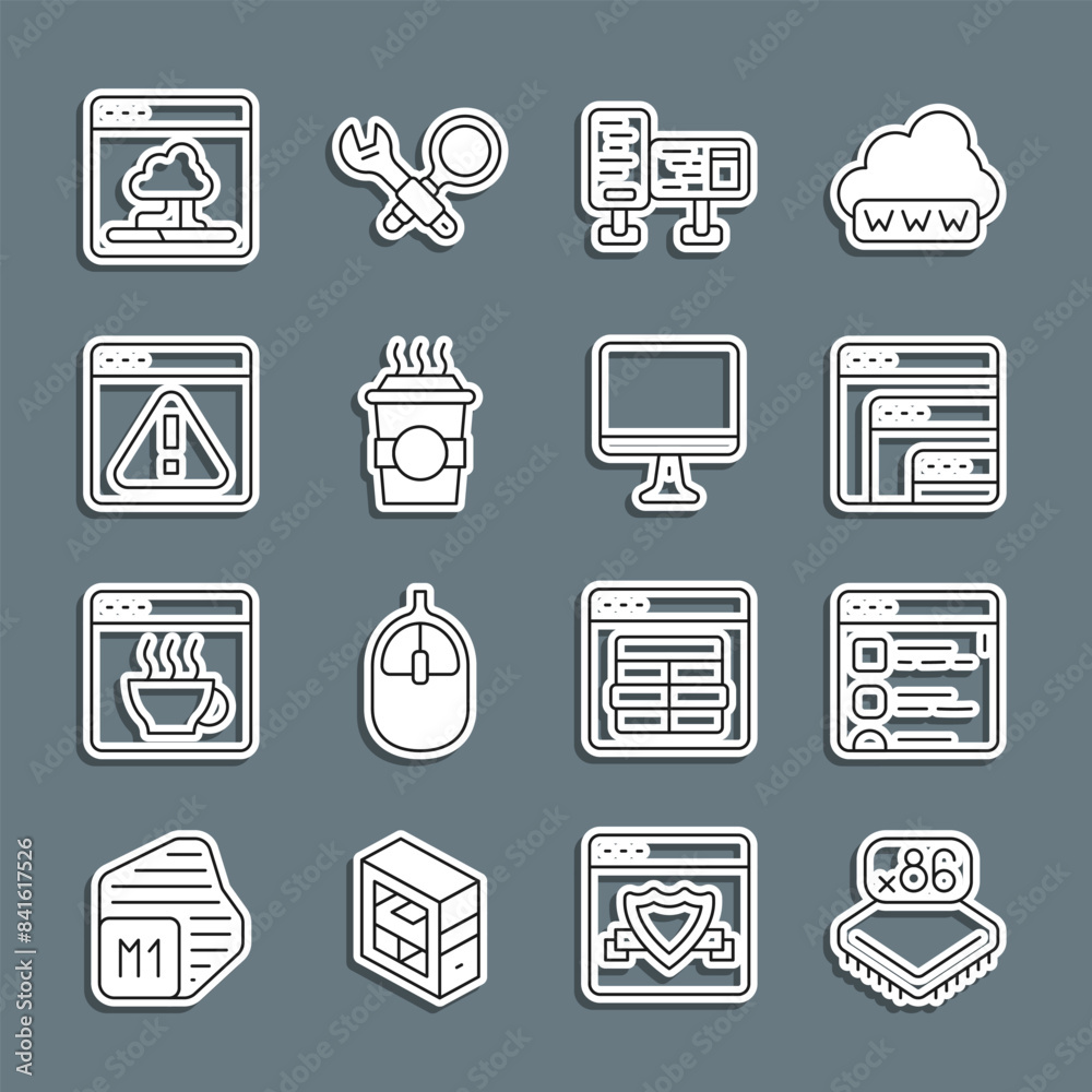 Poster set line processor with microcircuits cpu, browser files, software, computer monitor screen, coffee 