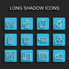 Set line Star and crescent, Traditional carpet, Date fruit, Ramadan calendar, Oil pump or pump jack, drum, Muslim man and cannon icon. Vector