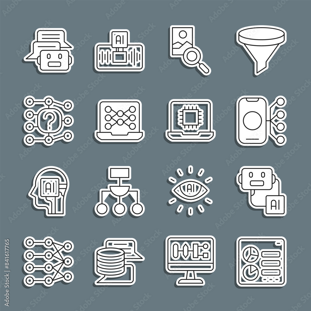 Poster Set line Computer api interface, Artificial intelligence robot, Neural network, Photo retouching, Chat and Processor CPU icon. Vector
