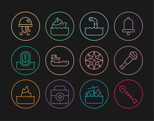 Set line Dead fish, Spyglass telescope lens, Periscope, Cargo ship, Location with anchor, Jellyfish, Wind rose and Cruise icon. Vector