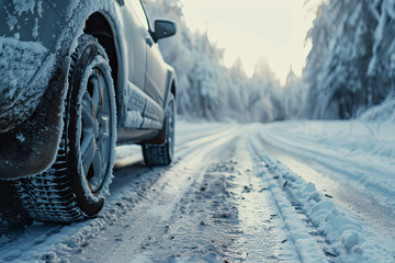 Naklejka premium View of car wheel on snowy road, winter driving conditions