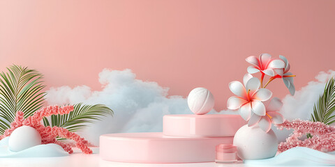 Whimsical Pink and White Podium, Boho Chic 3D Rendering