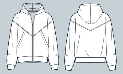  Zipped Jacket technical fashion illustration. Hooded Sweatshirt fashion flat technical drawing template, pockets, oversize, front  and back view, white, women, men, unisex Top CAD mockup.