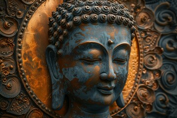 Close-up of a tranquil buddha face with ornate details in a warm, artistic lighting - Powered by Adobe