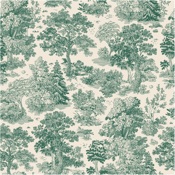 The Forest stories. Seamless pattern. Vector vintage illustration. Emerald and white