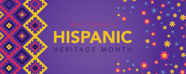 Hispanic heritage month. Vector web banner, poster, card for social media, networks. Greeting with national Hispanic heritage month text, Papel Picado pattern, perforated paper on black background.