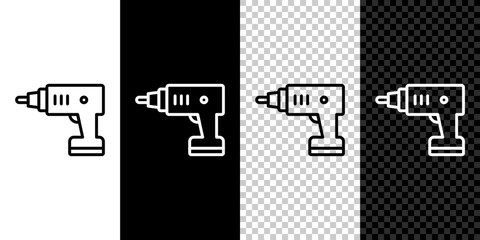 Set line Electric cordless screwdriver icon isolated on black and white, transparent background. Electric drill machine. Repair tool. Vector