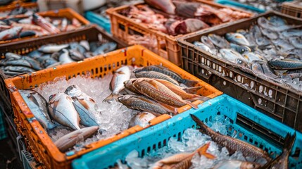 Assortment of raw fish and seafood with ice for transport and sale at harbor, crates of fish on port