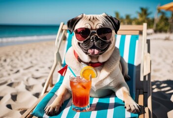 cheerful pug in sunglasses and a cocktail relaxing on the beach. Summer holidays. Generative ai
