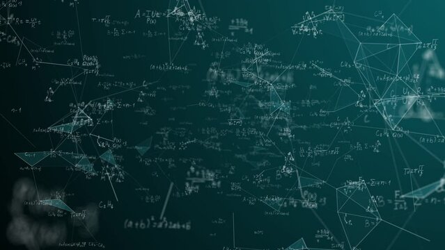 mathematical and physical formulas moving in space with lines and dots, the concept of science fiction, futurism, innovation and technological breakthrough, as well as education and cyberspace