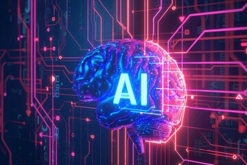 neon-colored digital illustration of an AI brain with a futuristic circuit design, emphasizing the cutting-edge technology and vibrant aesthetic of modern AI.