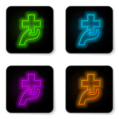 Obraz premium Glowing neon line Heart with a cross icon isolated on white background. First aid. Healthcare, medical and pharmacy sign. Black square button. Vector