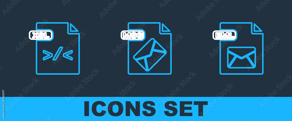 Poster set line eml file document, xsl and msg icon. vector