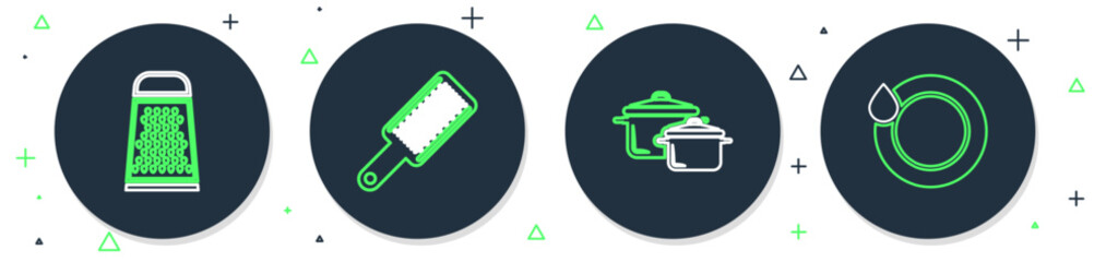 Set line Grater, Cooking pot, and Washing dishes icon. Vector