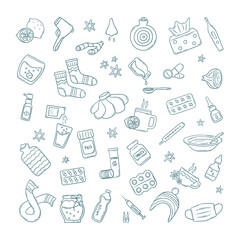 Set of medicines for cold or flu, elements of Illness treatment in doodle sketch. Pills, tablets, sprays, drops, for fever, viral diseases. Prevention of sickness. Isolated outline vector illustration