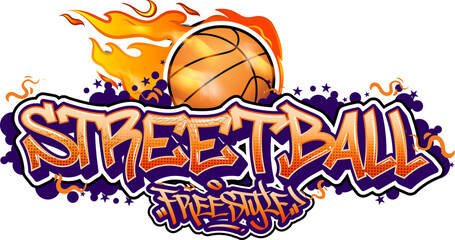 Streetball graffiti text vector design. Basketball wall art illustrations in graffiti style. Graphic streetball sport illustration