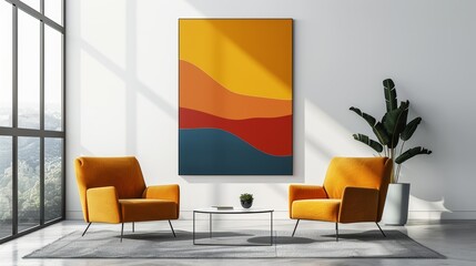 3D render of a contemporary interior showcasing a vibrant poster, isolated on a clean white background