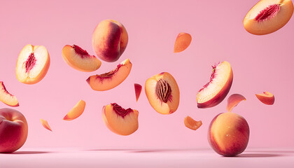 Cut and whole fresh ripe peaches falling on pink background
