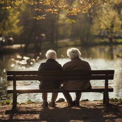 Two Elderly People Sitting on a Park Bench